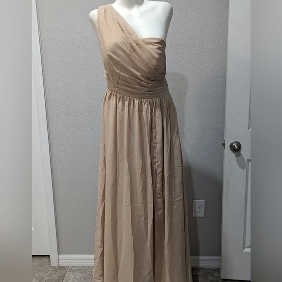 Tan/Gold formal dress with laced back, one shoulder gown Size Large - Picture 2 of 5